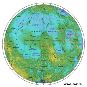 Обзорная карт мест посадок АМС советской лунной программы: цветная отмывка рельефа USGS (500 м/пиксель)