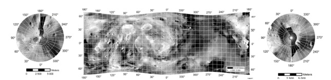 Результаты картографирования Фобоса на основе новой ортомозаики (экваториальная зона): цилиндрическая равнопромежуточная вдоль меридианов проекция для трехосного эллипсоида; район Северного полюса (слева) и район Южного полюса (справа): азимутальная равнопромежуточная вдоль меридианов проекция для трехосного эллипсоида