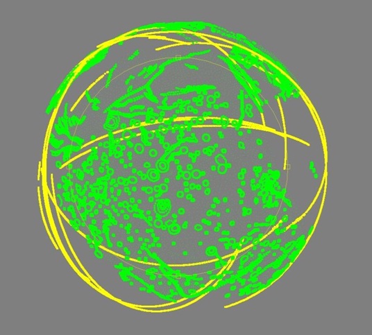 3-D визуализация лимбовых профилей (желтые лилии) и цифровой модели рельефа Энцелада (зеленые контуры)