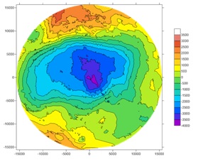 ЦМР в полярной проекции на северное (слева) и южное (справа) полушария над сферой радиуса 11.1 км