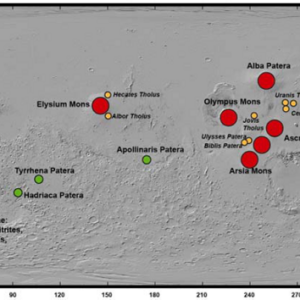 Пространственное распределение вулканических образований центрального типа на Марсе. Базовая основа – отмывка рельефа на основе глобальной ЦМР MOLA (разрешение 1000 м/пкс). Простая цилиндрическая проекция.